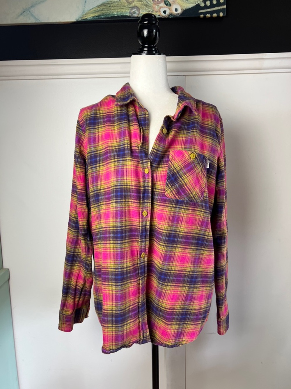 Burton Pink, Yellow & Purple Plaid Flannel Long Sleeved Shirt Large